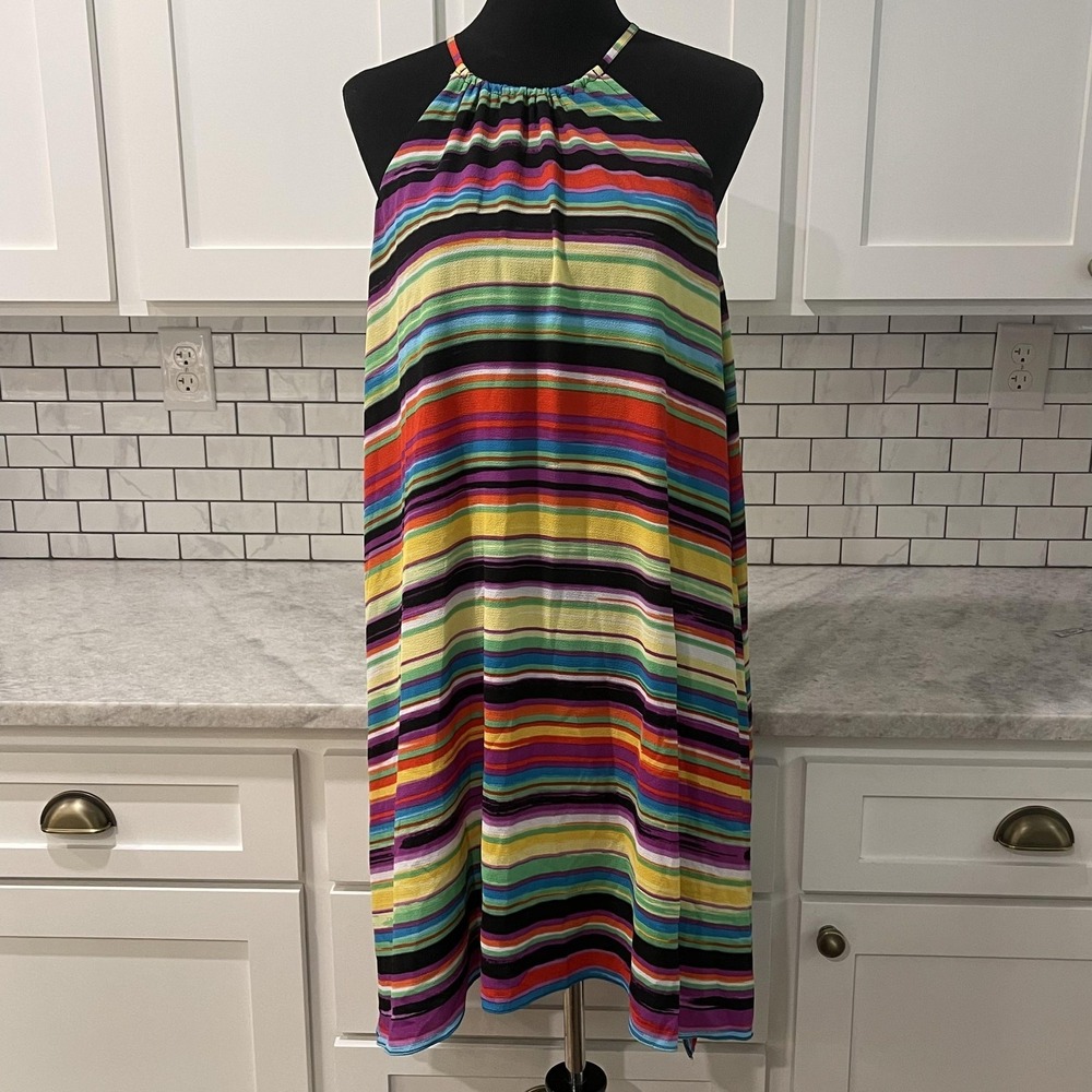 London Times Dress Womens Blue Rainbow Stripe Halter Swing Sundress Beach Boho4